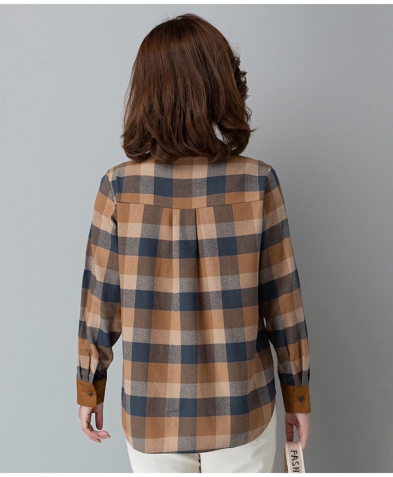 Autumn Plaid Cotton Long Sleeve Shirt for Middle-Aged & Elderly Women - Casual Slim Fit with Lapel