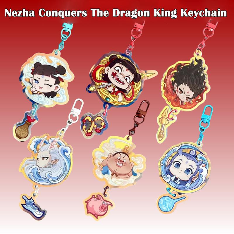 Cute Nezha Star Bell Keychain Nezha Conquers The Dragon King Anime Peripherals Pendant Gift Car Key Ring Bag Decor