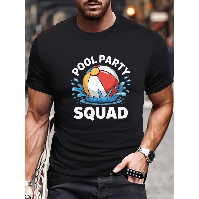 European Size Black Crew Neck T-Shirt for Men Featuring a Beach Ball Design, Perfect for Summer Gatherings S чёрный