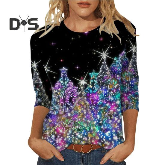 

Жіноча футболка з різдвяним принтом, круглим вирізом, 3/4 рукавами, вільні пуловери, легкі топи з дизайном різдвяної ялинки S A