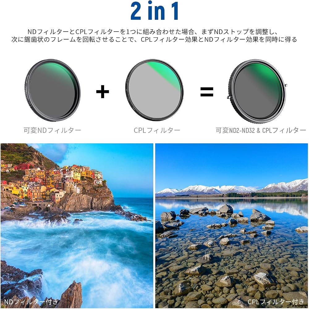 NEEWER 2-in-1 58mm Variable ND Filter ND2–ND32 & CPL Multifunctional Filter, 2-in-1, No X-shaped unevenness, HD Optical Glass, 30-layer Nano Coating,