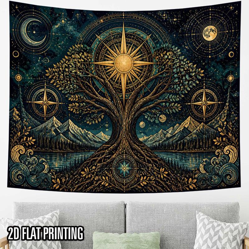 2D Flat - 2D Flat - 2D Flat Print 1pc Tapestry Cosmic Tree Tapestry, Star Compass, Mystical Wall Art Aesthetic High-Definition Printing Polyester for