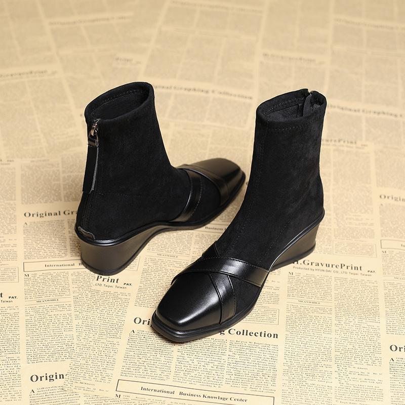 European and American square head suede cross-spell fashion boots for women's winter new temperament thin boots rear zipper short boots for women