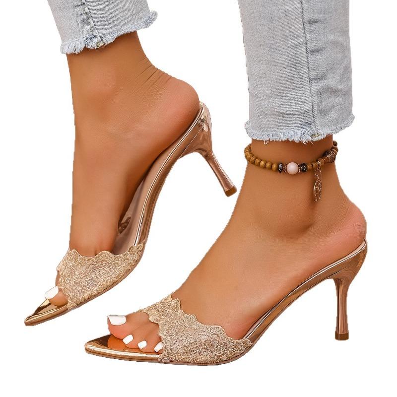 Lace Trim Pointed Toe Stiletto Elegant Wedding Shoes Women's Fashion Open‑Toe High Heel Slides Party Evening Pumps