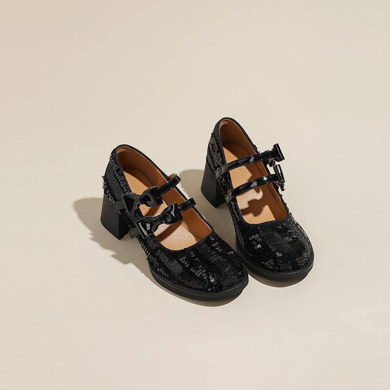 High-heeled Mary Jane women's shoes 2025 spring and autumn new round head thick heel butterfly sequins light mouth word with black single shoes