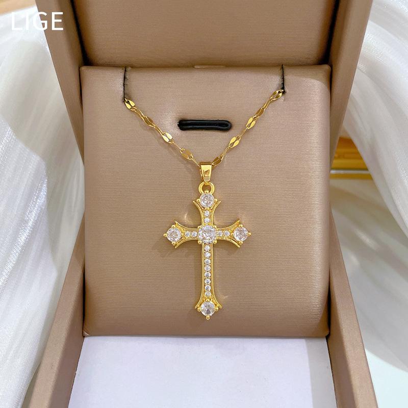 Cross Zircon Light Luxury Temperament Gorgeous Full Diamond Necklace Female Versatile Collarbone Chain Titanium Steel Chain