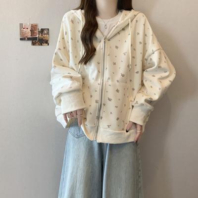 Real Shot Cotton Floral Sweater Women's Season Thin New Loose Lazy Style Versatile Hooded Jacket
