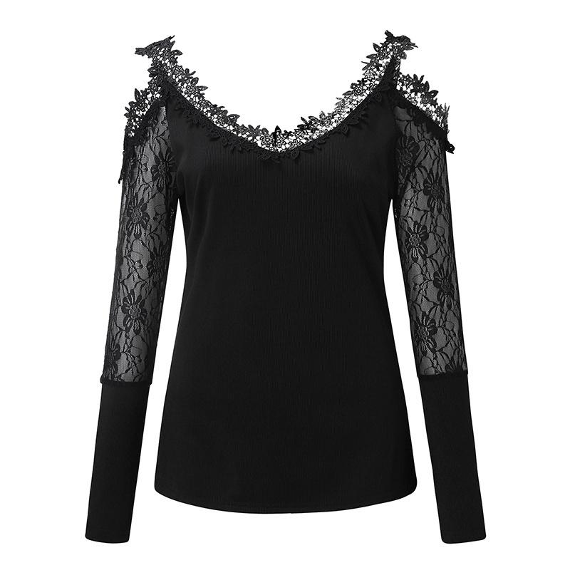 New Spring Autumn Women's Fashion V Neck Blouse Solid Color Off Shoulder Tops Long Sleeve Sexy Lace T-Shirt Slim Fit Blouses Tops
