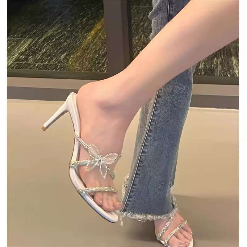 RC rhinestone sandals~ 2025 summer new bow with stiletto slippers women's fashion high heels