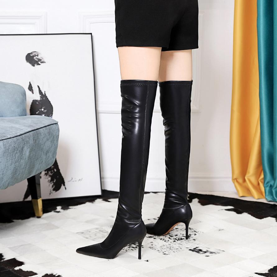 Bigtree Shoes Stiletto Sexy Over-The-Knee Boots Black Leather Boots Sexy Thin High Heel Boots Winter Long Boots Plus Size 43