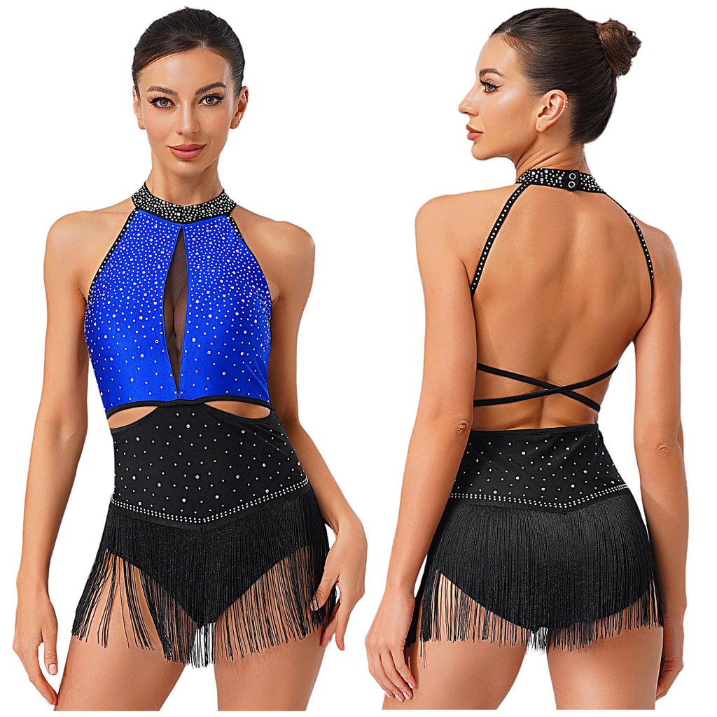 S-XXL Women's Competition Leotard: Allover Rhinestone Backless Bodysuit with Tassel Skirt & Contrast Color for Chacha Rumba Dance