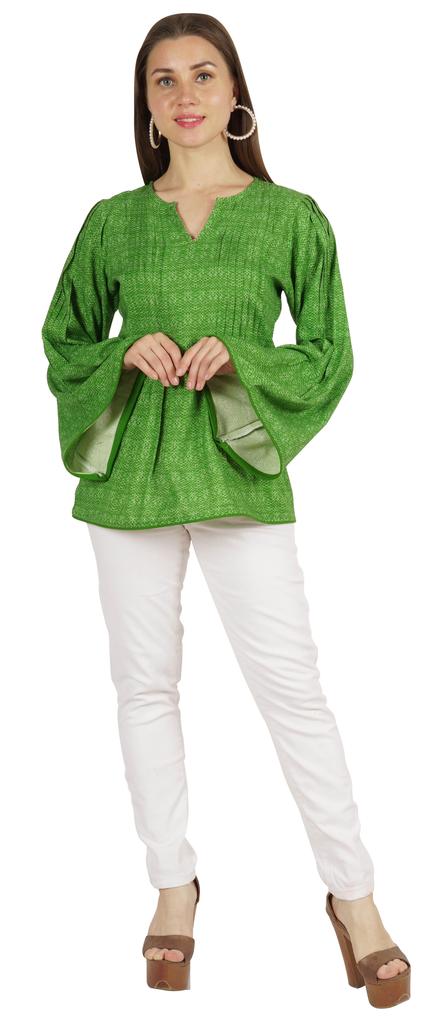 Moomaya Printed Top Full Sleeve Pleated Rayon Kurta Short Tunic Summer Blouse For