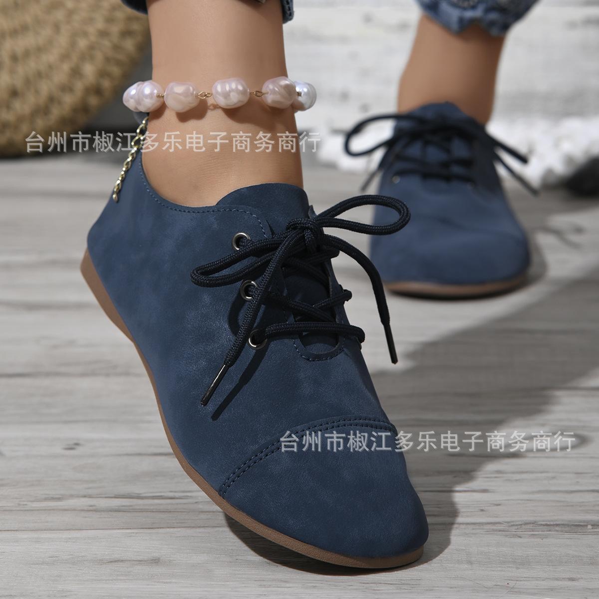 

2025 direct sales European and American women shallow mouth four seasons flat bottom large size single shoes soft leather lace-up design spot supply 44 темно-синього кольору