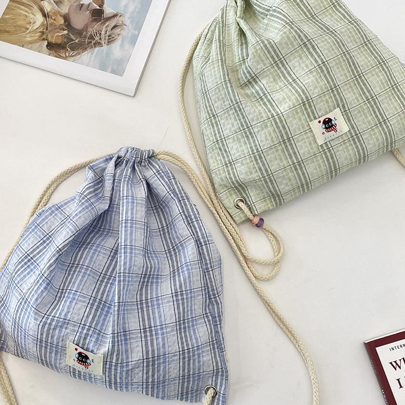 Checked Backpack Drawstring Canvas Women Shopping Bag Sports Gym Bag Training Sackpack Simple Commuter Bag