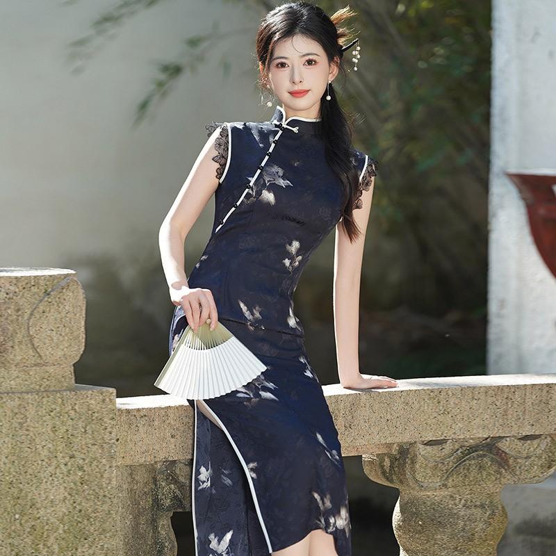 Elegant Black Modern Cheongsam Dress Women Sleeveless High Neck Fit-and-Flare Evening Gown With Brocade 2025