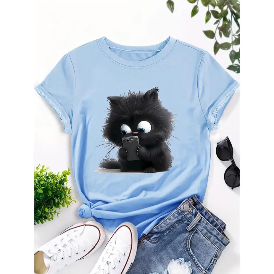 Cat Cartoon 3D Print Round Neck Short Sleeved T-shirt for Women Breathable Polyester Stretch Comfortable for Everyday