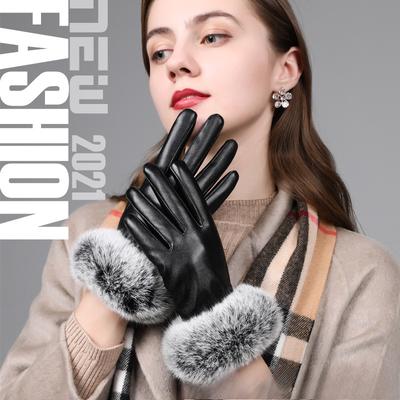 Leather Gloves for Women In Winter Touch Screen Plus Velvet Thickened Warm Real Rabbit Fur Thin Style Bike Riding Rabbit Fur Leather Gloves