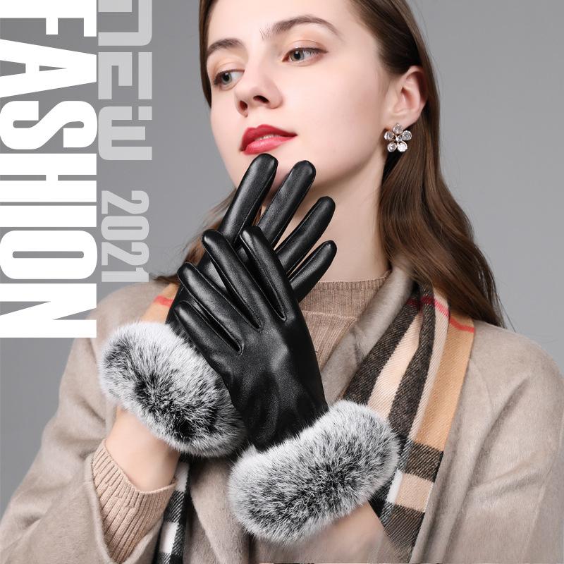 Leather Gloves for Women In Winter Touch Screen Plus Velvet Thickened Warm Real Rabbit Fur Thin Style Bike Riding Rabbit Fur Leather Gloves