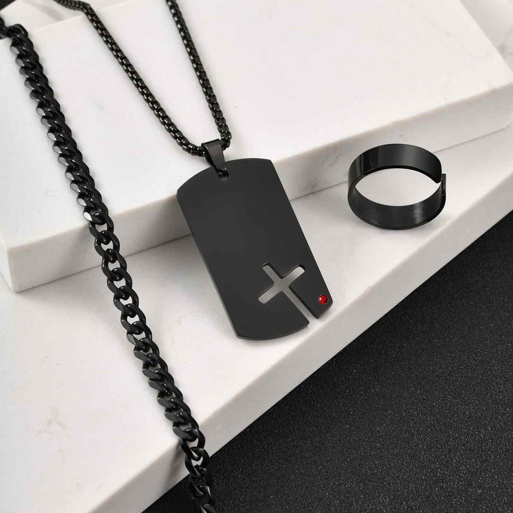 Vnox Sidecross Dog Tag Necklaces Chunky Curb Chain Bracelet 6/8/11.5mm Width Open Adjustable Ring Jewelry Set Gifts for Men Boys