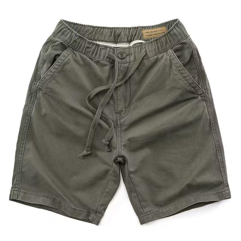 American Retro Khaki Cargo Shorts - Mid-Length, Elastic Waist, Casual Drawstring, Trendy Men's Summer Pants