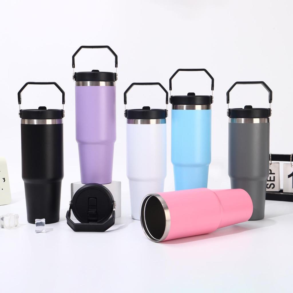Simple 30oz Stainless Steel Tumbler with Handle, Double Wall Vacuum Insulated, Portable Ice Buster Car Cup