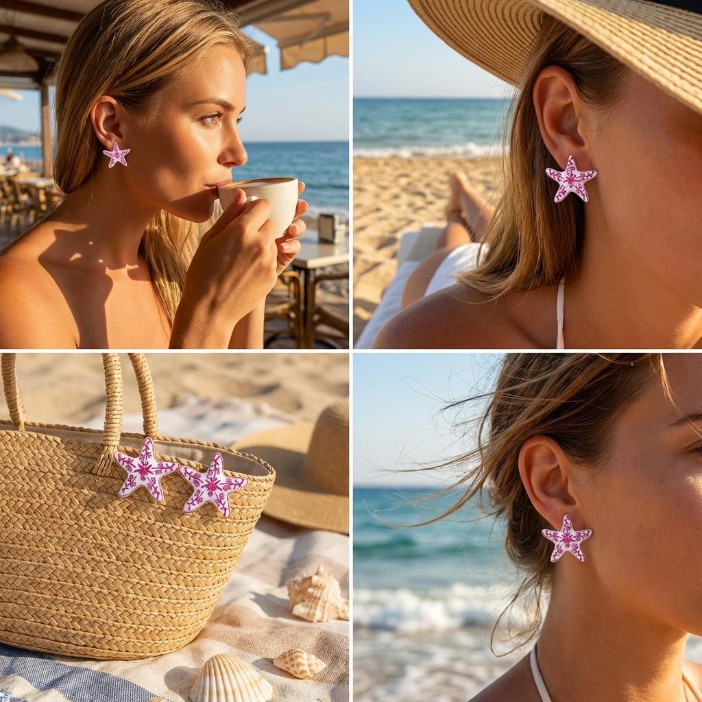 Fashion Painted Flower Starfish Stud Earrings for Women Creative Unique Summer Enamel Marine Starfish Earrings Beach Jewelry
