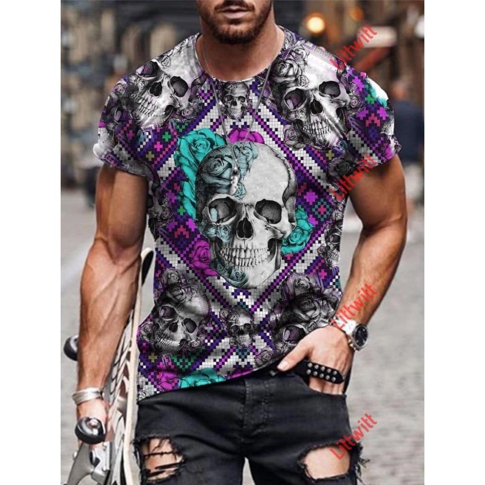Skull Pattern 3D Printed T-shirt Summer Casual Round Neck Men's T-shirts