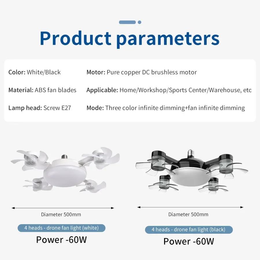 Luce Ventola 2-in-1 60W E27 Design Drone Ventilatore da Soffitto con Telecomando AC85-265V Lampadina Ventilatore per Casa Ristorante