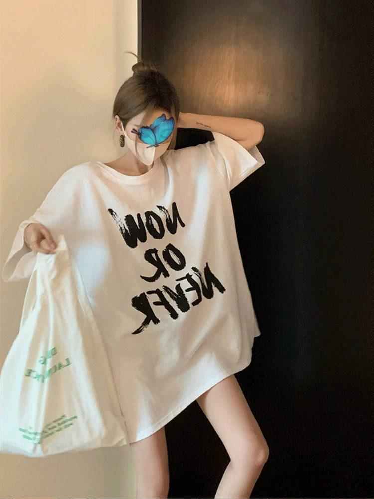 Women's Khaki Retro Plus Size Short Sleeve T-shirt - Summer Casual Loose Mid-Length Design with Letter Print