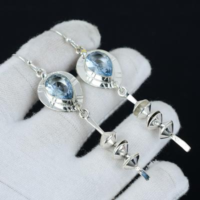 Schweizer Blautopas Ohrring, Silberohrring, Birnenförmiger Topas Edelsteinohrring, 925 Sterlingsilberohrring, Natürlicher Edelstein, Meditationsohrring