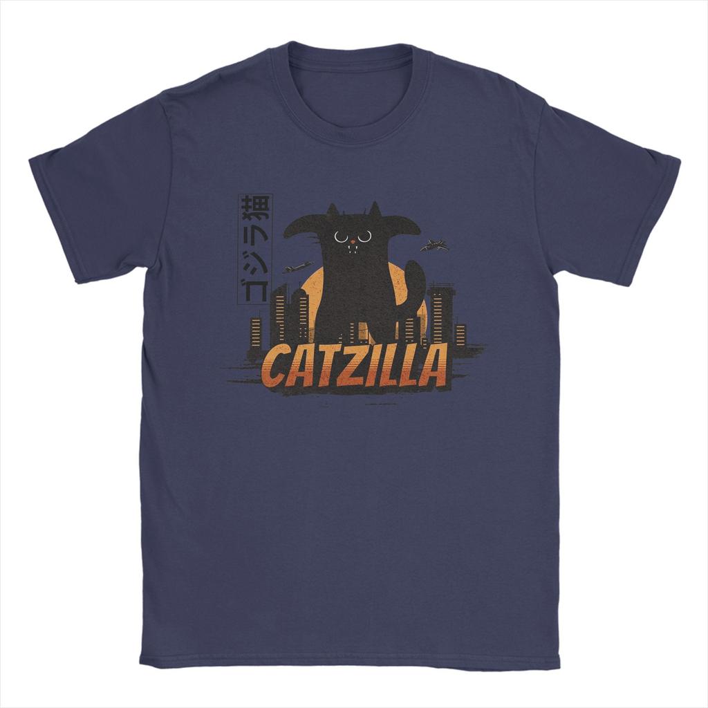 Herren T-Shirts Lustig Vintage Katze Catzilla König des Monsters Vintage Reine Baumwolle T-Shirts Kurzarm T-Shirts Rundhals Tops Geschenkidee