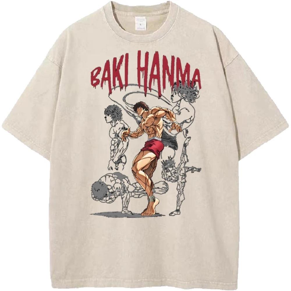 Anime Baki Hanma Baki Cool Printed Tshirt Men Manga Vintage T-shirts Washed Cotton Tee Harajuku Male Casual Oversized T Shirt