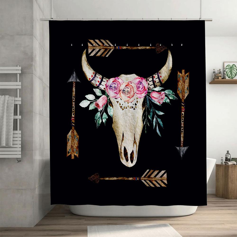 Rustic Bull Skull Shower Curtain Floral Arrow Boho Decor For Bathroom Black Waterproof Fabric Size 72X84 Inches (180*213Cm)