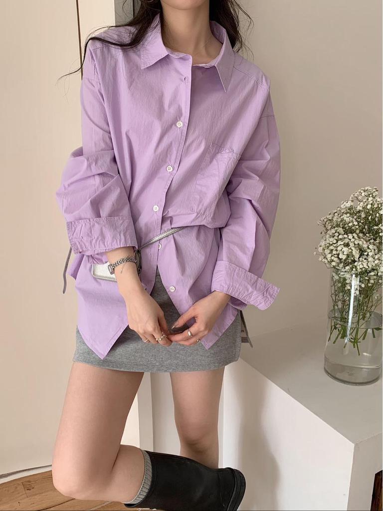 Spring Oversized Korean Style Solid Color Loose Long Sleeve Shirt for Women