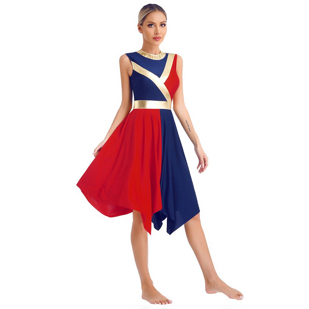 Womens Metallic Color Block Patchwork Liturgical Dance Dress Round Neck Sleeveless Asymmetrical Hem Dresses Dancewear