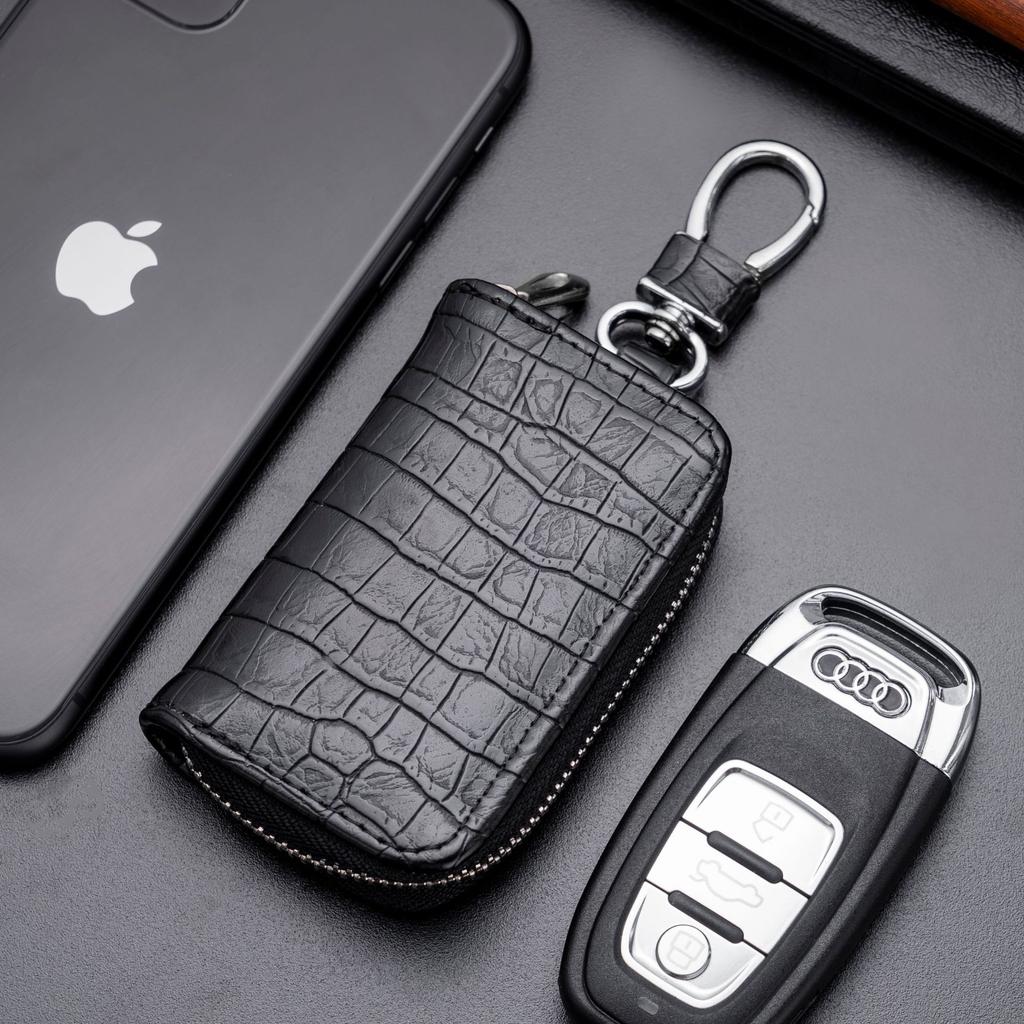 Genuine Leather Double Layer Car Key Case Crocodile Print Zipper Holder Keychain Organizer For Men Women Key Wallet Accessories