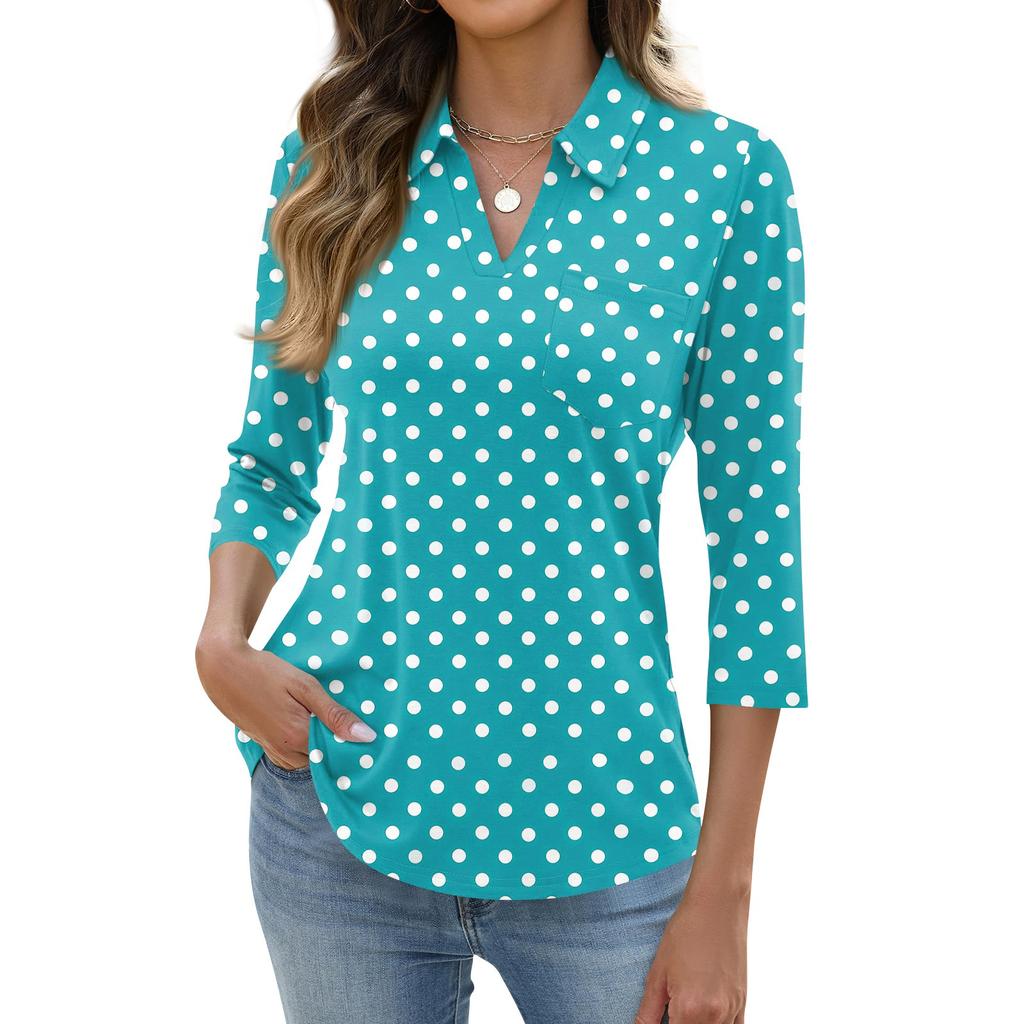 Women's Fashion Casual Lapel Short 3/4 Sleeve Print Shirt Women's Up Tops