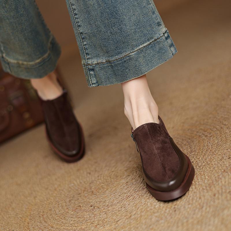 Krazing Pot Suede Autumn Winter Shoes Chunky Heels Size 43 Size 42 Round Toe Slip On Deep Mouth Retro Fashion Pumps