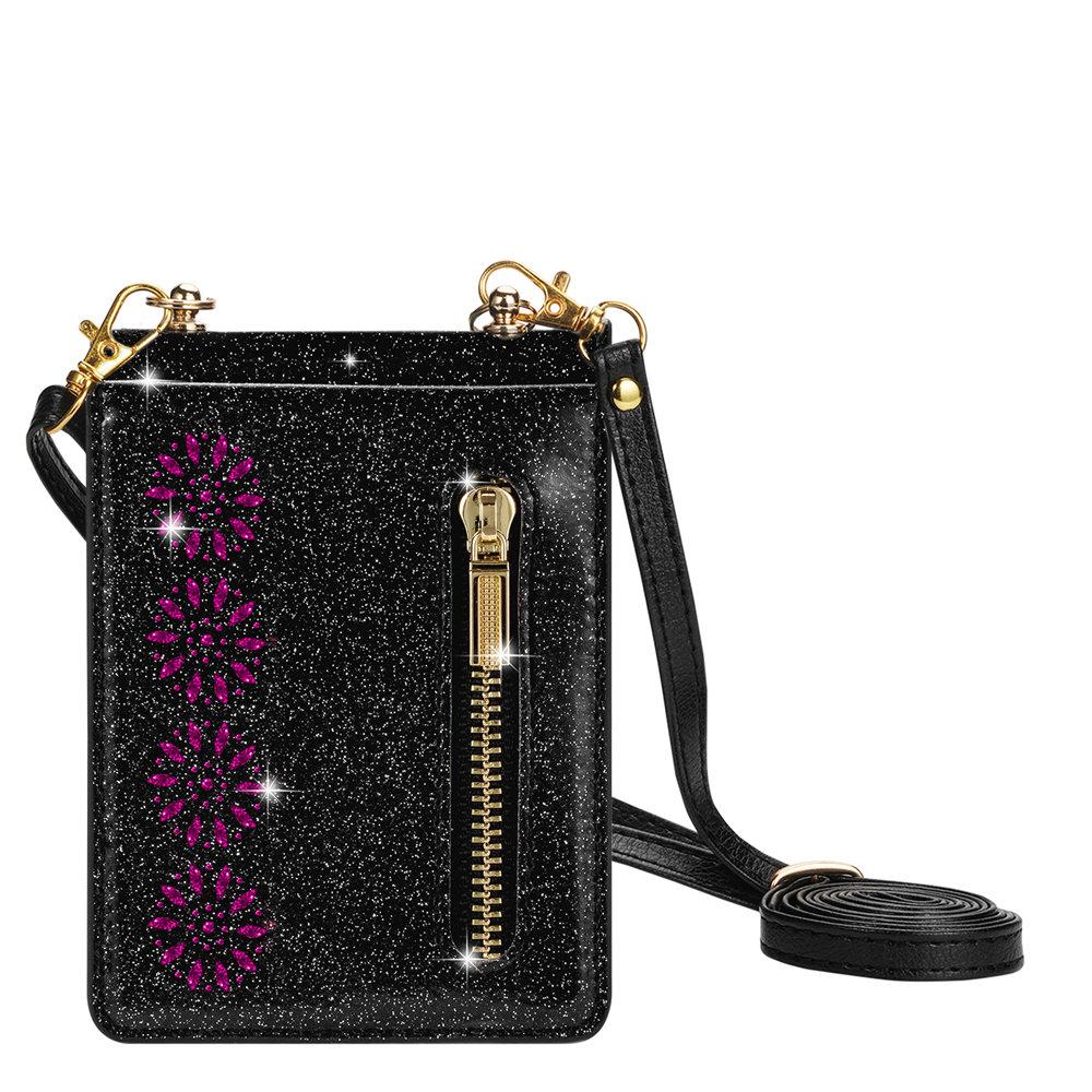 

Чехол-кроссбоди на молнии с блестками, цветком и слотом для карт для Samsung Galaxy Z Flip 6 5G Flip 5 Flip 4 3, с длинным шнурком, кожаная обложка For Galaxy Z Flip 5 чёрный