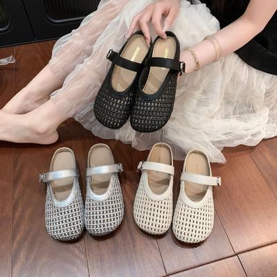 Woven Hollow Bag Head Half Slippers Women's Outer Wear 2025 Spring and Summer Retro Versatile Flat Soft Bottom Lazy Slippers Comfortable