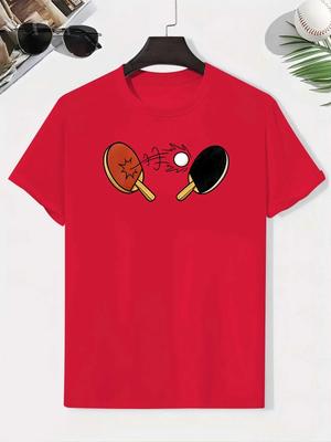 Sport Tischtennis Schläger Impact Ball Druck Kurzarm T-Shirt Rosa Tischtennis Muster Lockerer Schnitt Tägliches Lässiges T-Shirt