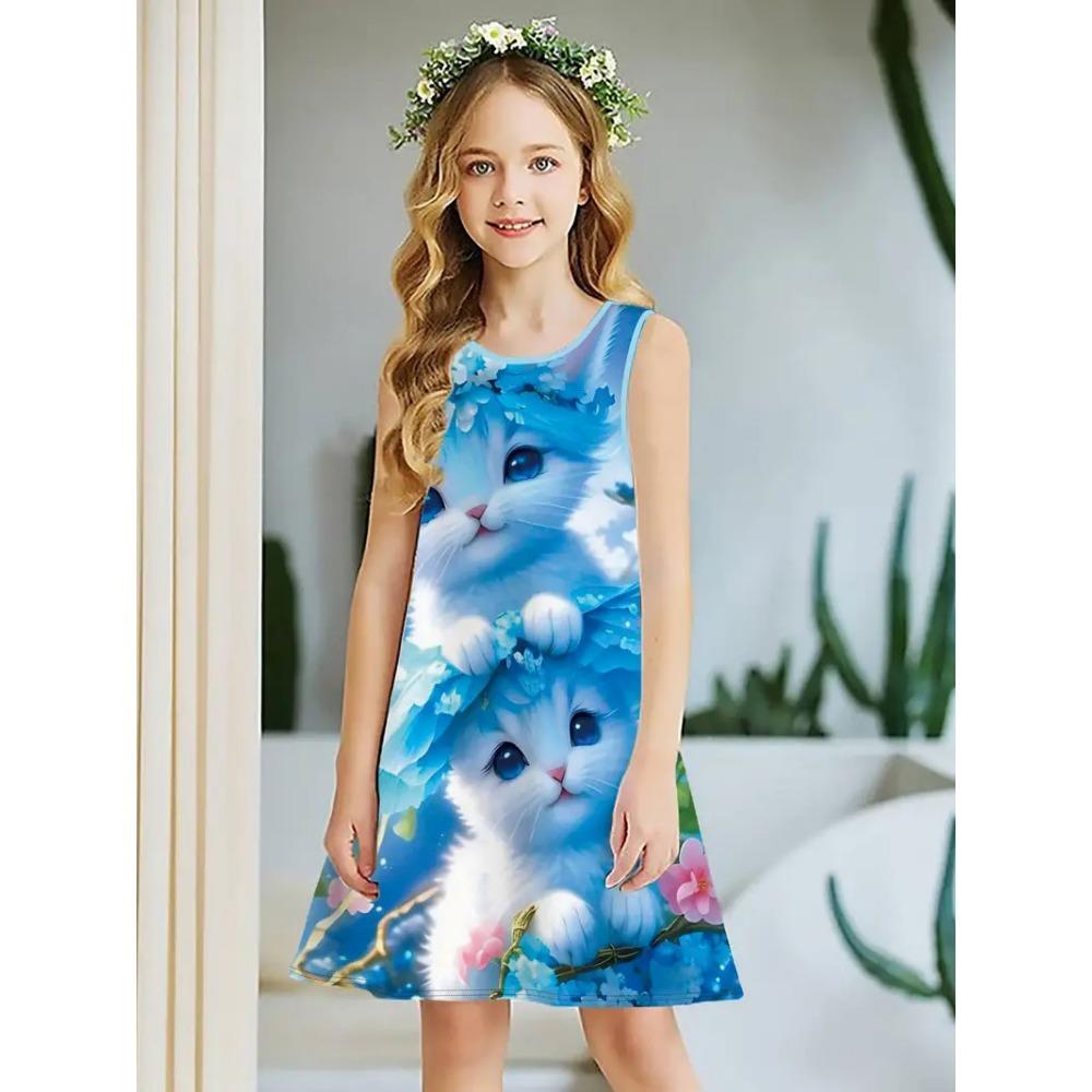 Frühling und Sommer neues ärmelloses Rundhals-Westenkleid für Mädchen, niedliches Prinzessinnenkleid, 3D-Digitaldruckmuster