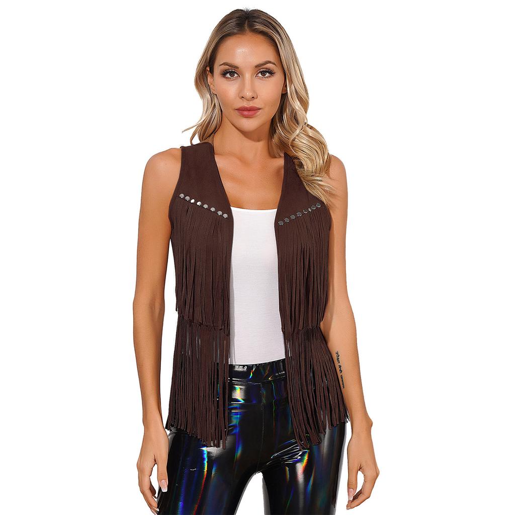 Womens Faux Suede Tassel Vest Fashion Rivets Fringe Waistcoat Open Front Sleeveless Jacket Boho Style