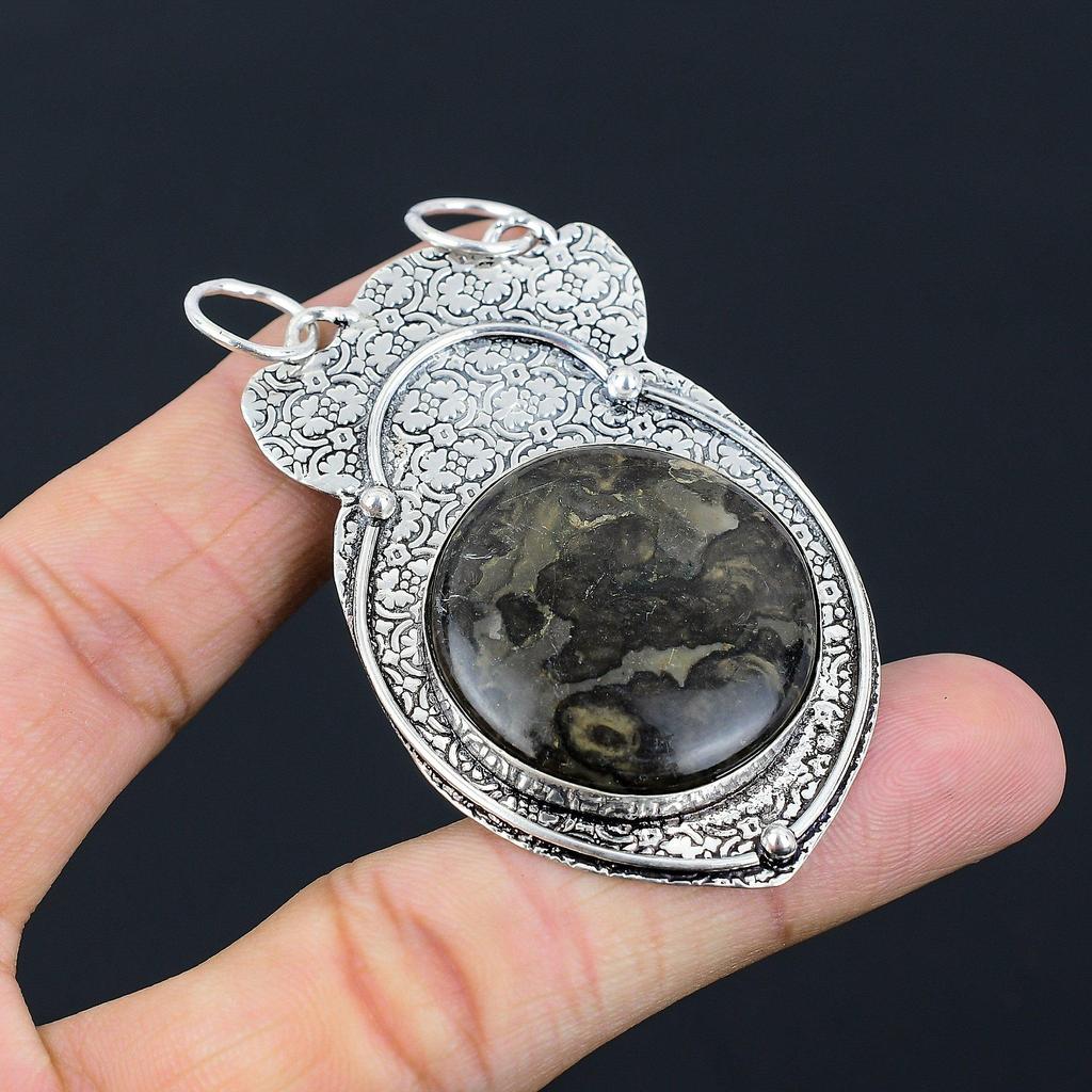 Daughters Day Sale 925 Sterling Silver Round Natural Gabbro Jasper Boho Pendant