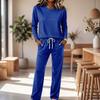 Women's Round Neck Long Sleeve Pajama Set with Drawstring Wide Leg Pants for Sleepwear Loungewear