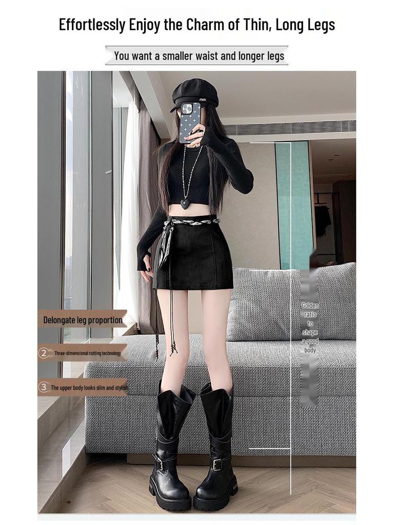 Korean-Style High-Waisted Suede A-Line Bodycon Skirt for Women - Spring/Autumn 2026