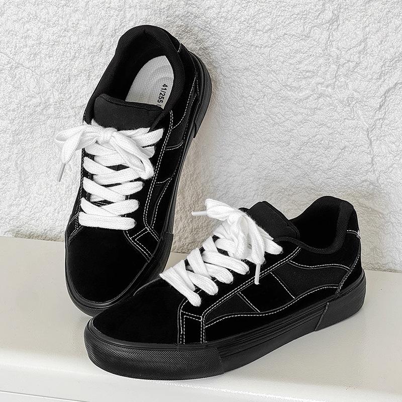 Unisex Czarne Zamszowe Buty Skateboardowe Kontrastowe Sznurowadła Antypoślizgowe Codzienne Trampki do Noszenia na Co Dzień