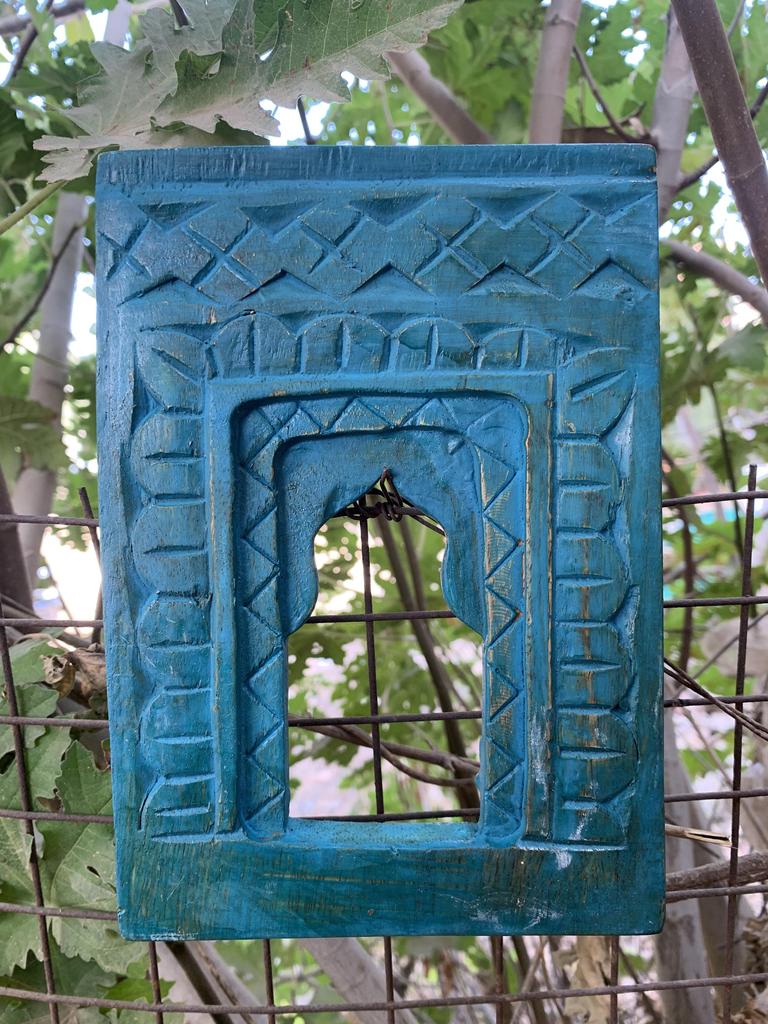 Handcrafted Wooden Wall Frame – Distressed Turquoise Jharokha – Indian Heritage Decor – Vintage Style Wall Hanging