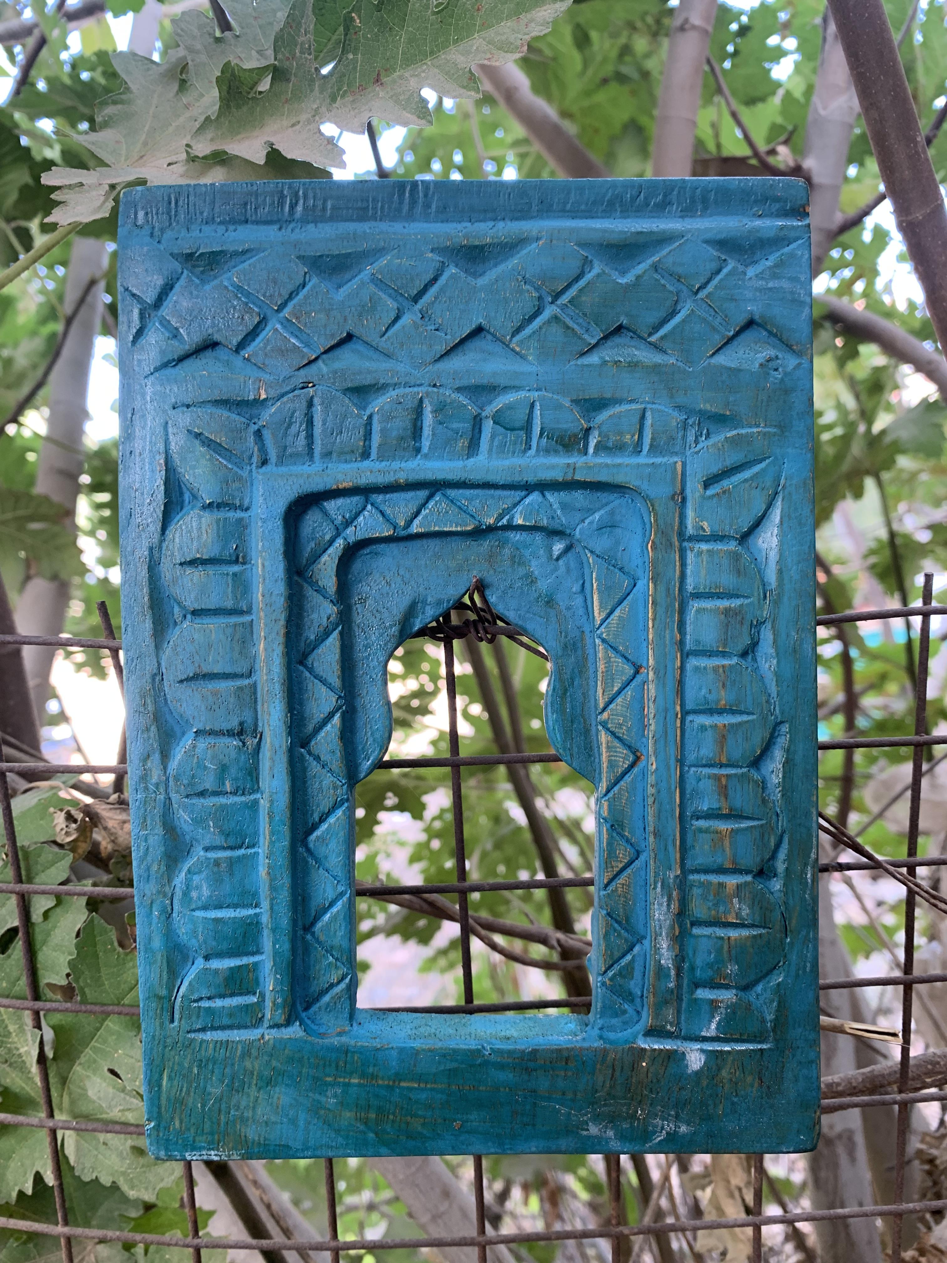 Handcrafted Wooden Wall Frame – Distressed Turquoise Jharokha – Indian Heritage Decor – Vintage Style Wall Hanging 8  x 5.5  x 1   (h x l x w) approx.