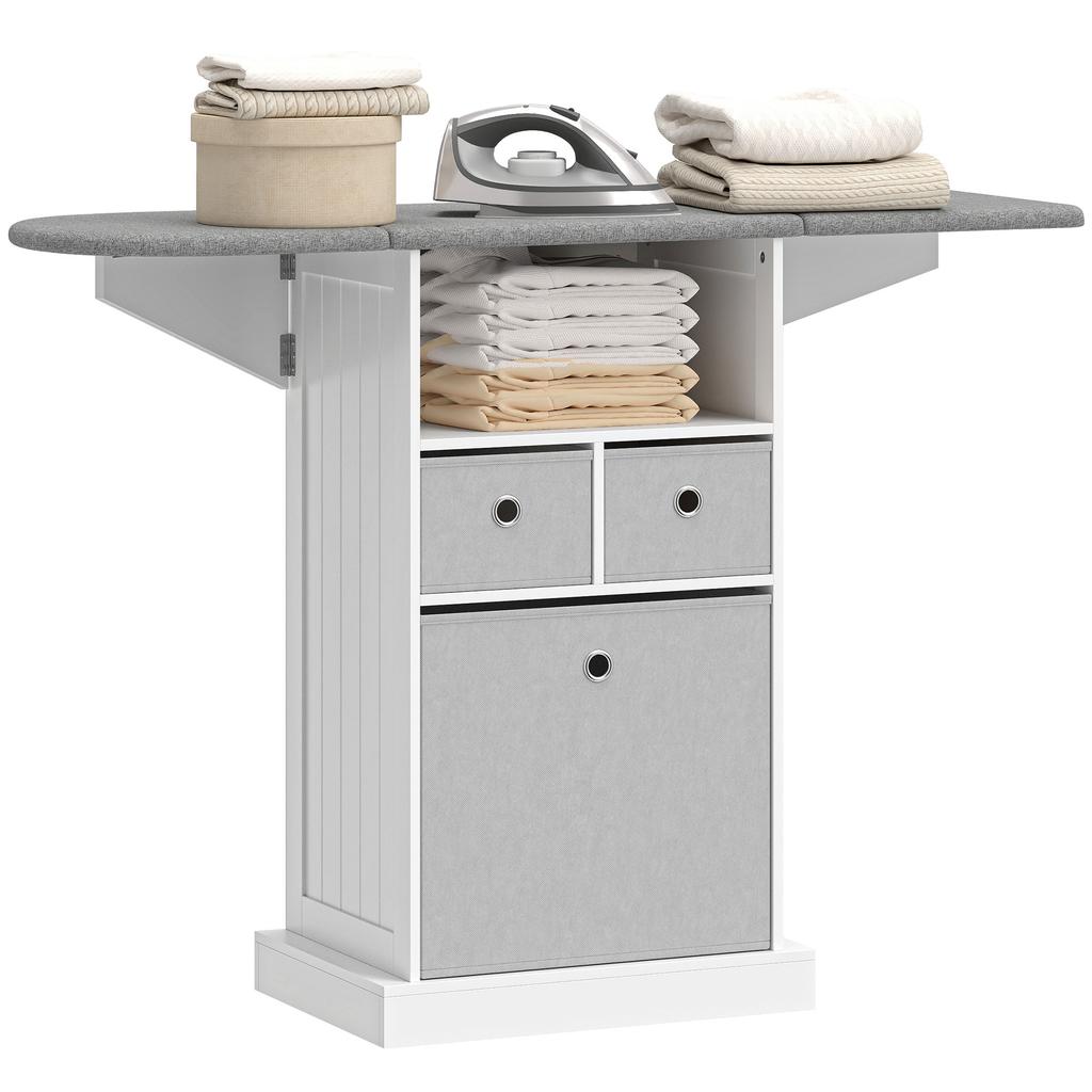 Ironing Board with Wheels, Foldable Ironing Surface, 3 Fabric Drawers, 121x37x89.5 cm, White